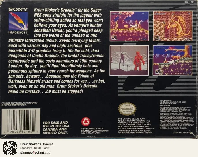 Bram Stoker's Dracula Super Nintendo Entertainment System, NTSC box back