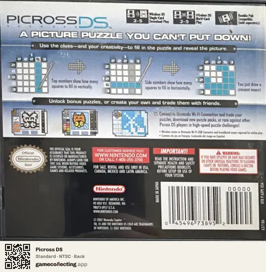 Picross DS Nintendo DS, NTSC box back
