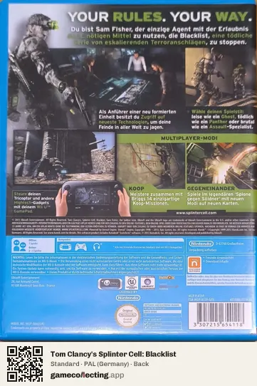 Tom Clancy's Splinter Cell: Blacklist Nintendo Wii U, Germany box back