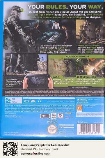 Tom Clancy's Splinter Cell: Blacklist Nintendo Wii U, Germany box back
