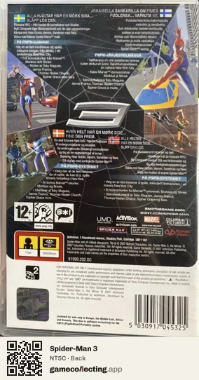Spider-Man 3 PlayStation Portable, NTSC box back