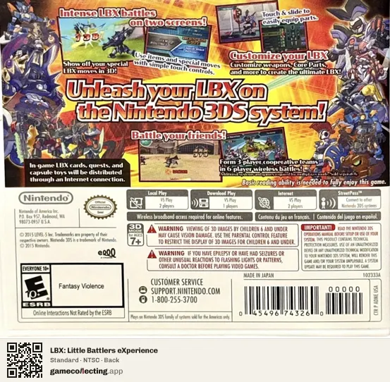 LBX: Little Battlers eXperience Nintendo 3DS, NTSC box back