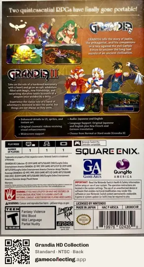 Grandia HD Collection Nintendo Switch, NTSC box back