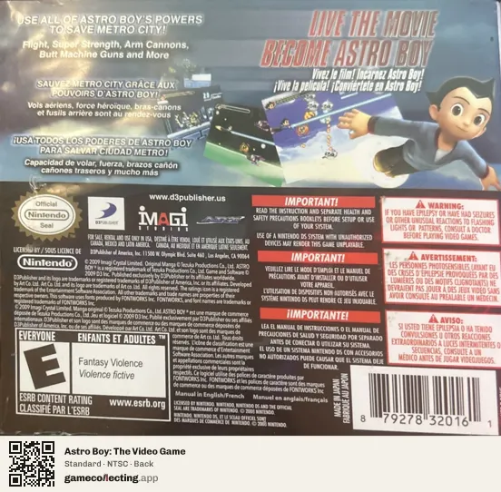 Astro Boy: The Video Game Nintendo DS, NTSC box back