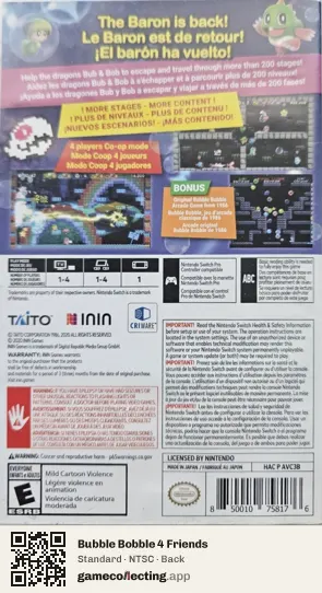 Bubble Bobble 4 Friends Nintendo Switch, NTSC box back