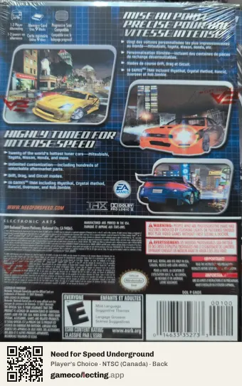 Need for Speed Underground Nintendo GameCube, Canada box back