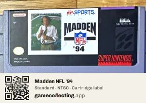 Madden NFL '94 Super Nintendo Entertainment System, NTSC cartridge label