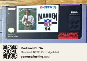 Madden NFL '94 Super Nintendo Entertainment System, NTSC cartridge label