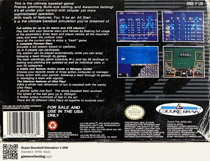 Super Baseball Simulator 1.000 Super Nintendo Entertainment System, NTSC box back