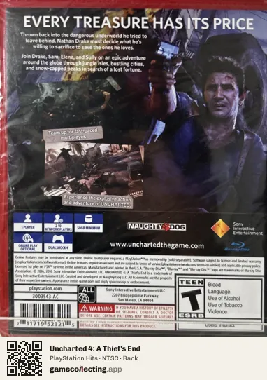 Uncharted 4: A Thief's End PlayStation 4, NTSC box back
