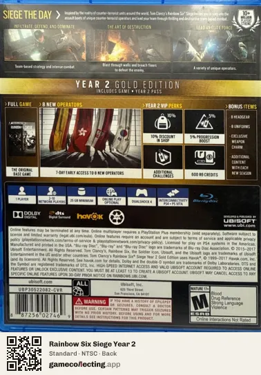 Rainbow Six Siege Year 2 PlayStation 4, NTSC box back