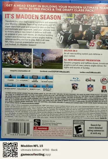 Madden NFL 15 PlayStation 4, NTSC box back