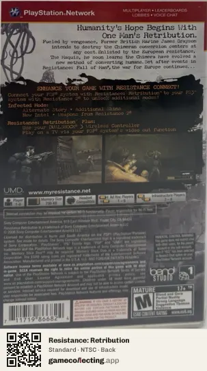 Resistance: Retribution PlayStation Portable, NTSC box back