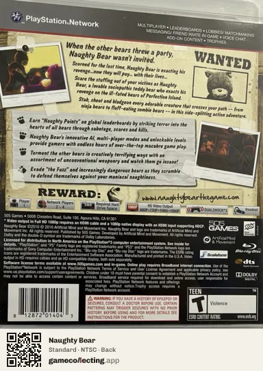 Naughty Bear PlayStation 3, NTSC box back