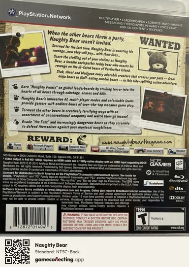 Naughty Bear PlayStation 3, NTSC box back