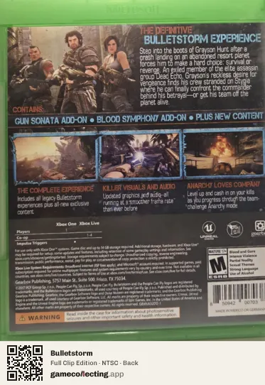 Bulletstorm Xbox One, NTSC box back