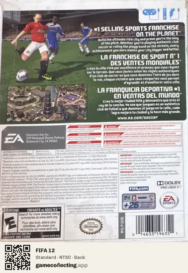 FIFA 12 Nintendo Wii, NTSC box back