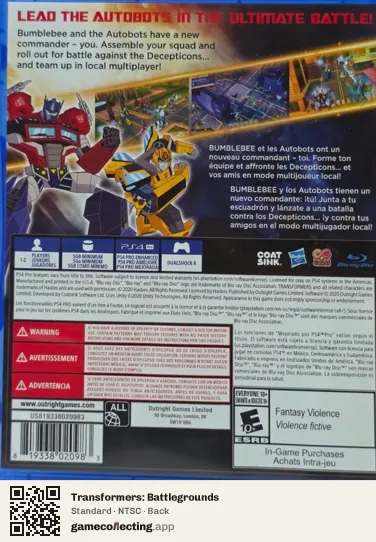 Transformers: Battlegrounds PlayStation 4, NTSC box back