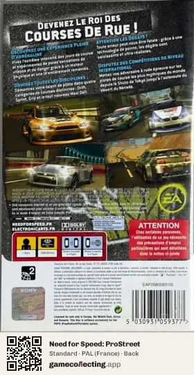 Need for Speed: ProStreet PlayStation Portable, France box back