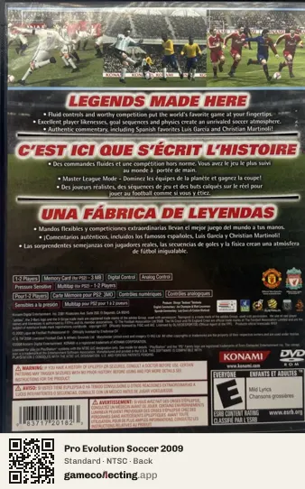 Pro Evolution Soccer 2009 PlayStation 2, NTSC box back