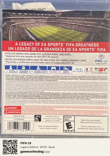 FIFA 18 PlayStation 3, NTSC box back