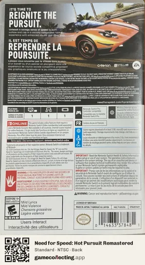 Need for Speed: Hot Pursuit Remastered Nintendo Switch, NTSC box back
