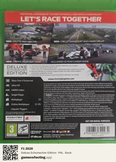 F1 2020 Xbox One, PAL box back