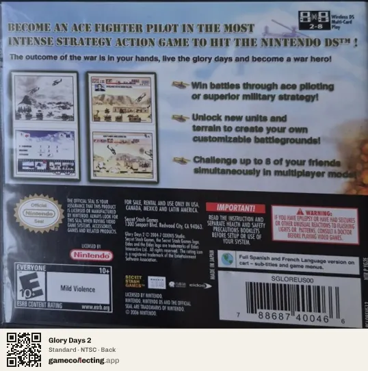 Glory Days 2 Nintendo DS, NTSC box back
