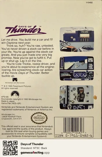 Days of Thunder Nintendo Entertainment System, NTSC box back