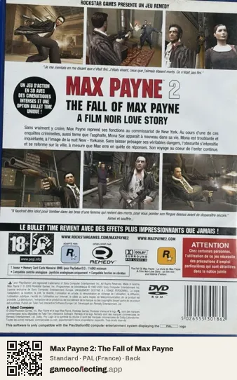 Max Payne 2: The Fall of Max Payne PlayStation 2, France box back