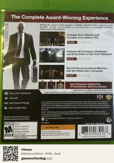 Hitman Xbox One, NTSC box back