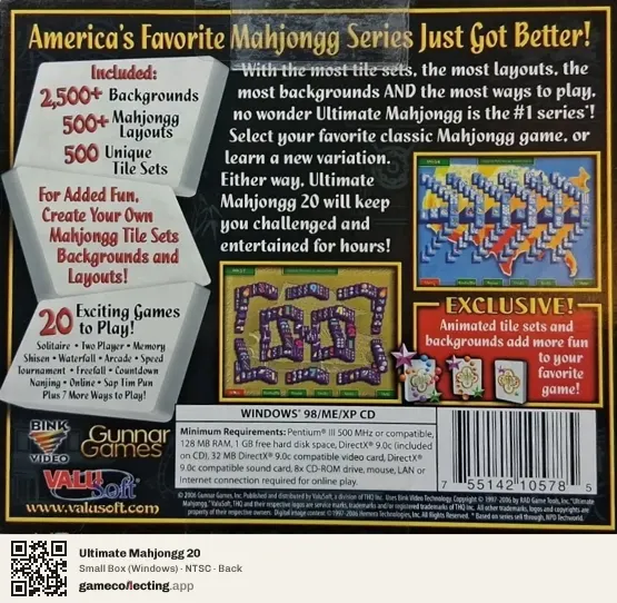 Ultimate Mahjongg 20 Computer, NTSC box back