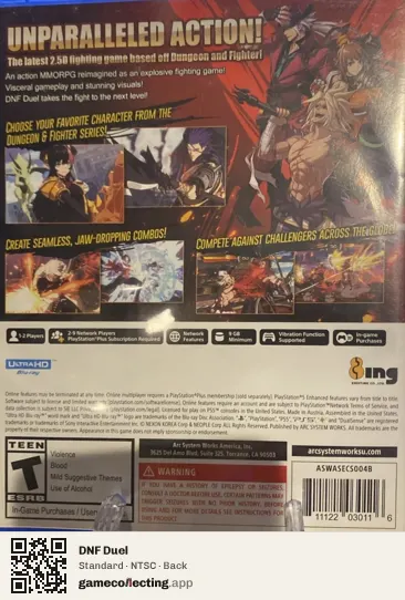 DNF Duel PlayStation 5, NTSC box back