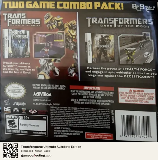 Transformers: Ultimate Autobots Edition Nintendo DS, NTSC box back