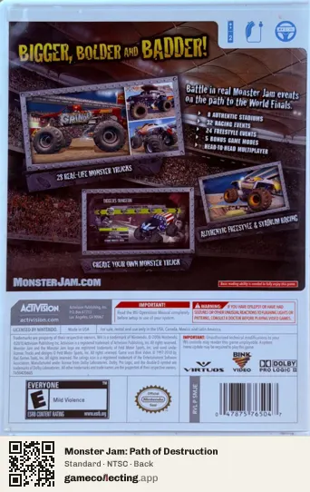 Monster Jam: Path of Destruction Nintendo Wii, NTSC box back