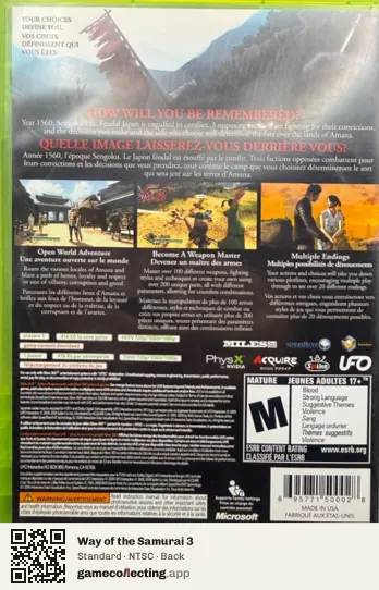 Way of the Samurai 3 Xbox 360, NTSC box back