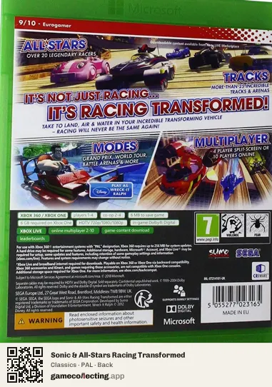 Sonic & All-Stars Racing Transformed Xbox 360, PAL box back