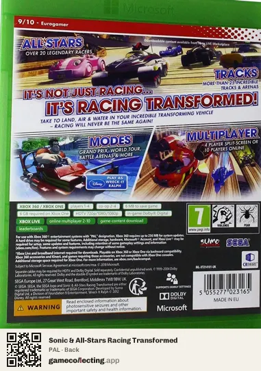 Sonic & All-Stars Racing Transformed Xbox 360, PAL box back