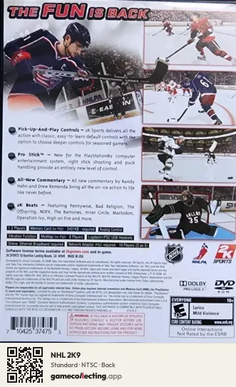 NHL 2K9 PlayStation 2, NTSC box back