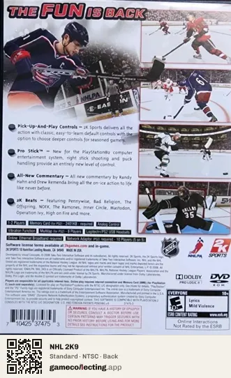 NHL 2K9 PlayStation 2, NTSC box back