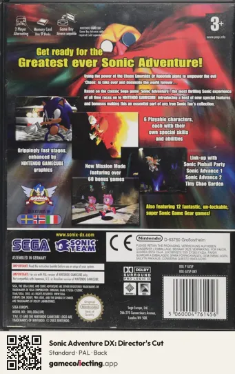 Sonic Adventure DX: Director's Cut Nintendo GameCube, PAL box back