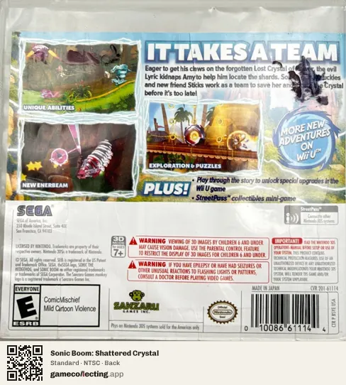 Sonic Boom: Shattered Crystal Nintendo 3DS, NTSC box back