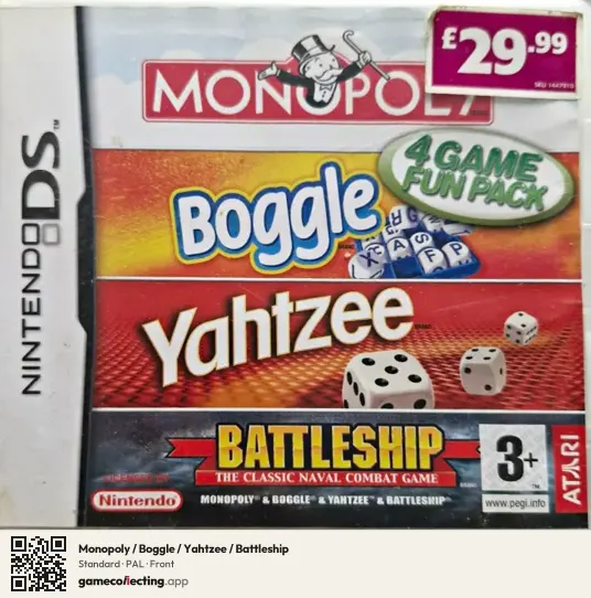 Monopoly / Boggle / Yahtzee / Battleship Nintendo DS, PAL box front