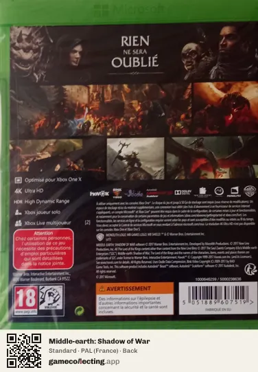 Middle-earth: Shadow of War Xbox One, France box back