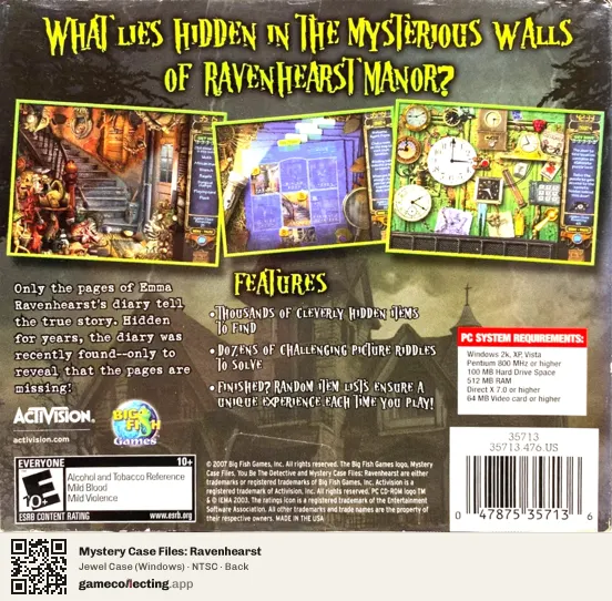 Mystery Case Files: Ravenhearst Computer, NTSC box back