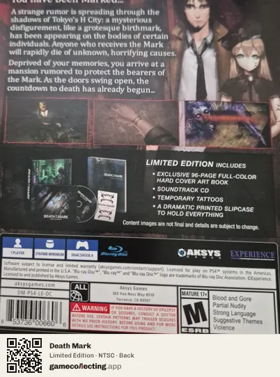 Death Mark PlayStation 4, NTSC box back