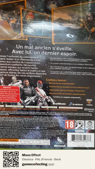Mass Effect Xbox 360, France box back