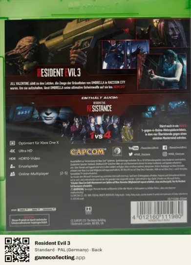 Resident Evil 3 Xbox One, Germany box back