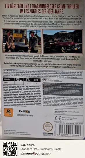 L.A. Noire Nintendo Switch, Germany box back