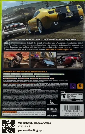 Midnight Club: Los Angeles Xbox 360, NTSC box back